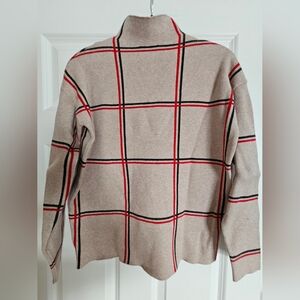 Tahari Beige and Red Plaid Turtleneck Sweater